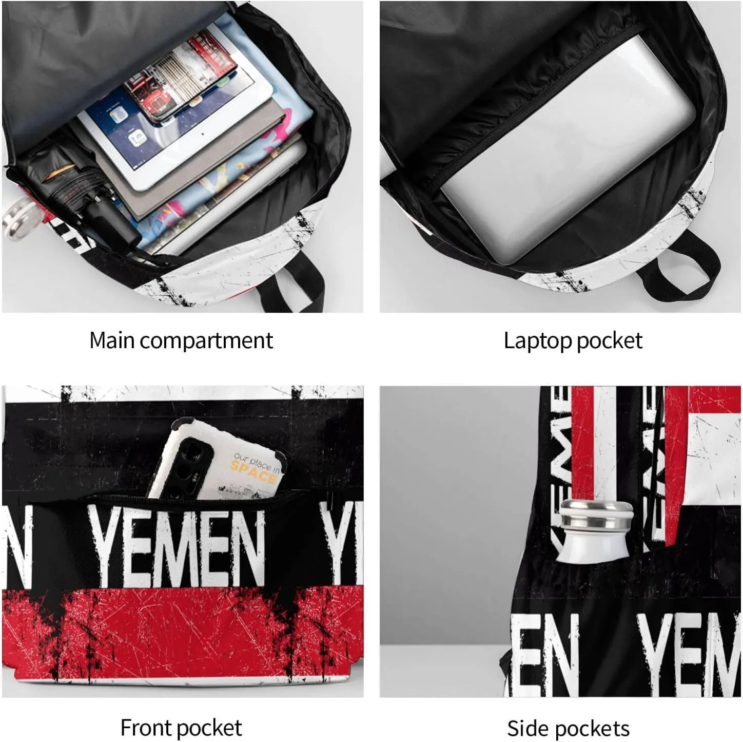 Vintage Yemen Yemeni Yemenian Flag Casual Backpack Large Capacity Travel Backpacks Laptop Daypack Commuter Rucksack Adjustable Strap Sports Bags for Hiking Biking