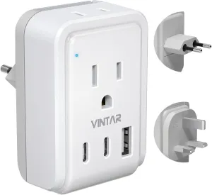 VINTAR European Travel Plug Adapter Kit, UK Adapters for Travel with 3 USB Ports (2 USB C) & 2 American Outlets, Type C,G Swap&Adapt Attachments, Adapter for Europe and UK France Ireland Iceland