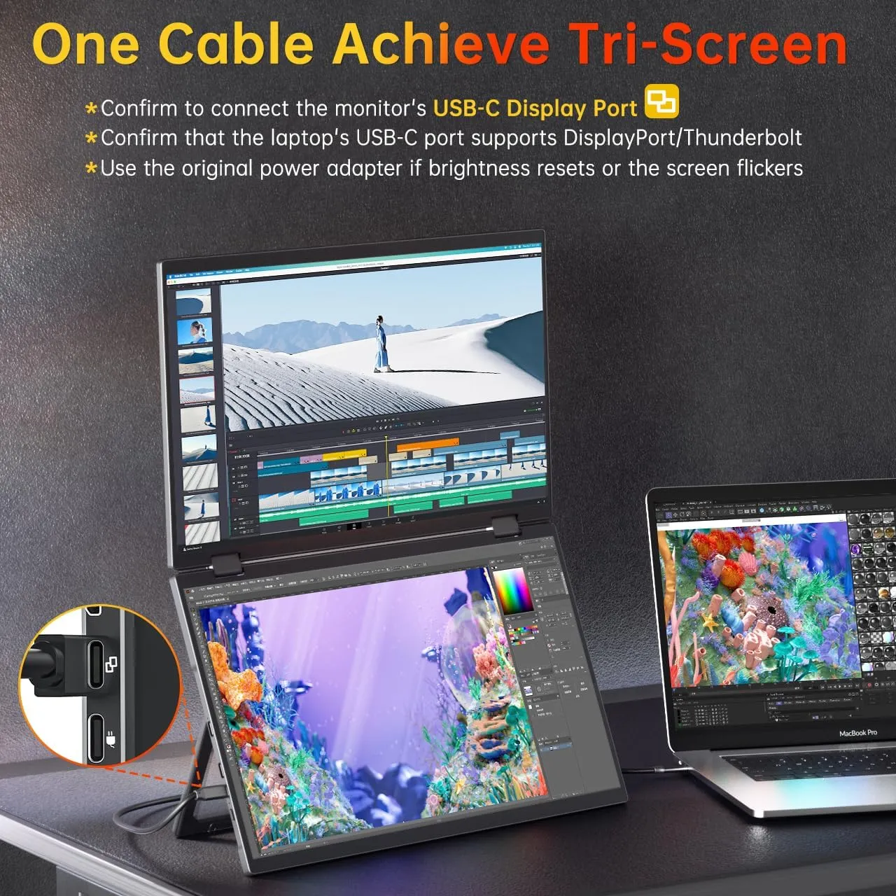 VisionOwl Stacked Portable Monitor 15.6inch Dual Foldable Travel Display 1080P 120% sRGB ΔE<2 USB-C HDMI Triple Laptop Screen Extender Built-in Kickstand VESA Mountable for Laptop PC Mac Windows