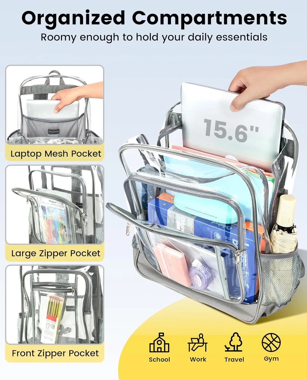 Vorspack Clear Backpack Heavy Duty - Extra Large Clear Backpacks with TSA Lock Transparent See Through Bookbag for School, Work, College, Travel - Grey