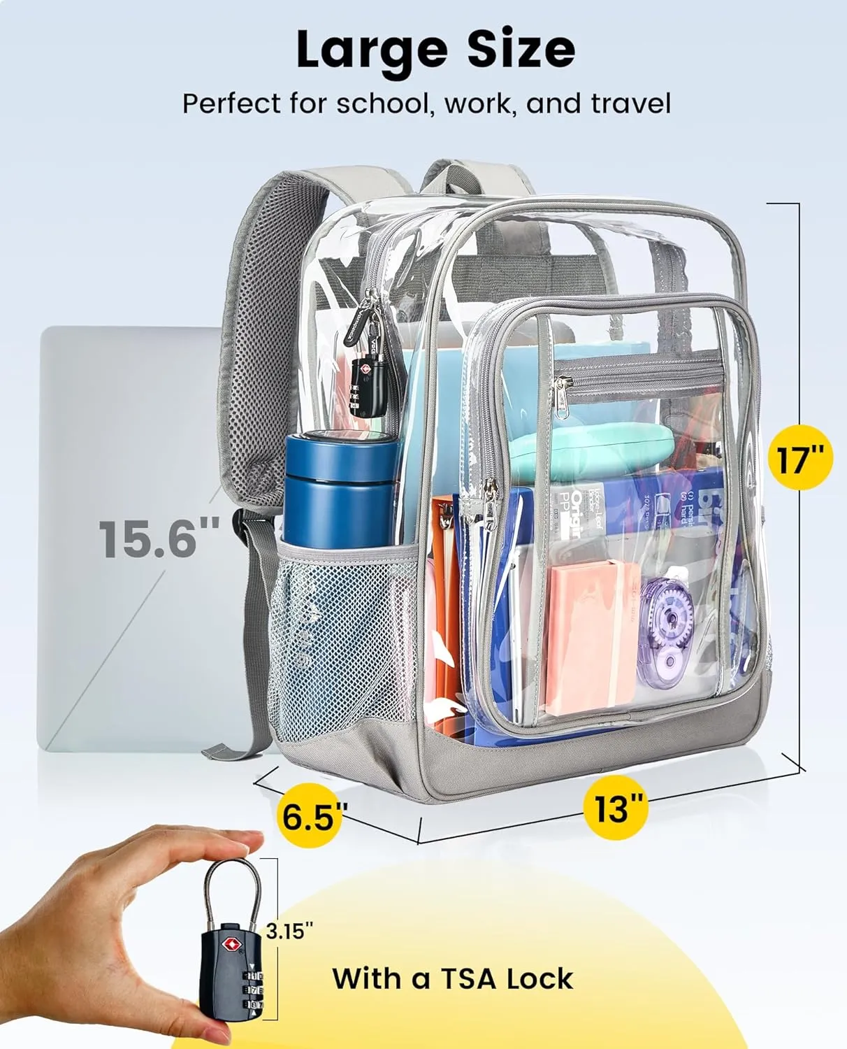 Vorspack Clear Backpack Heavy Duty - Extra Large Clear Backpacks with TSA Lock Transparent See Through Bookbag for School, Work, College, Travel - Grey