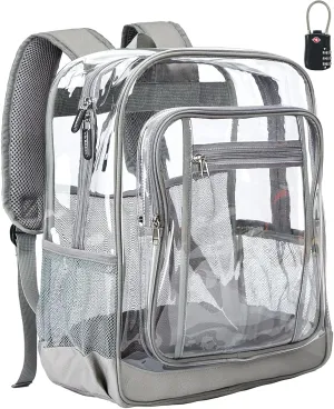 Vorspack Clear Backpack Heavy Duty - Extra Large Clear Backpacks with TSA Lock Transparent See Through Bookbag for School, Work, College, Travel - Grey