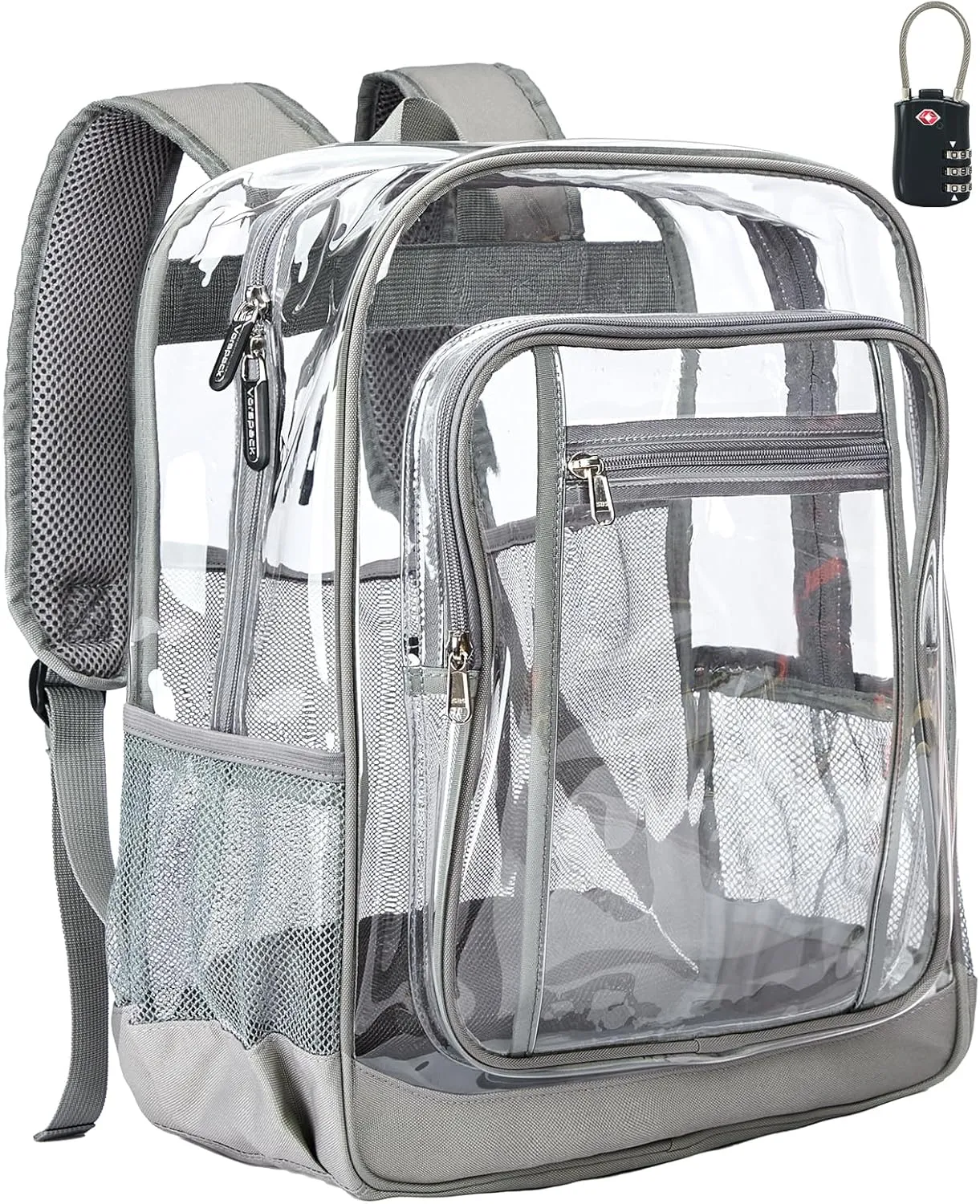 Vorspack Clear Backpack Heavy Duty - Extra Large Clear Backpacks with TSA Lock Transparent See Through Bookbag for School, Work, College, Travel - Grey