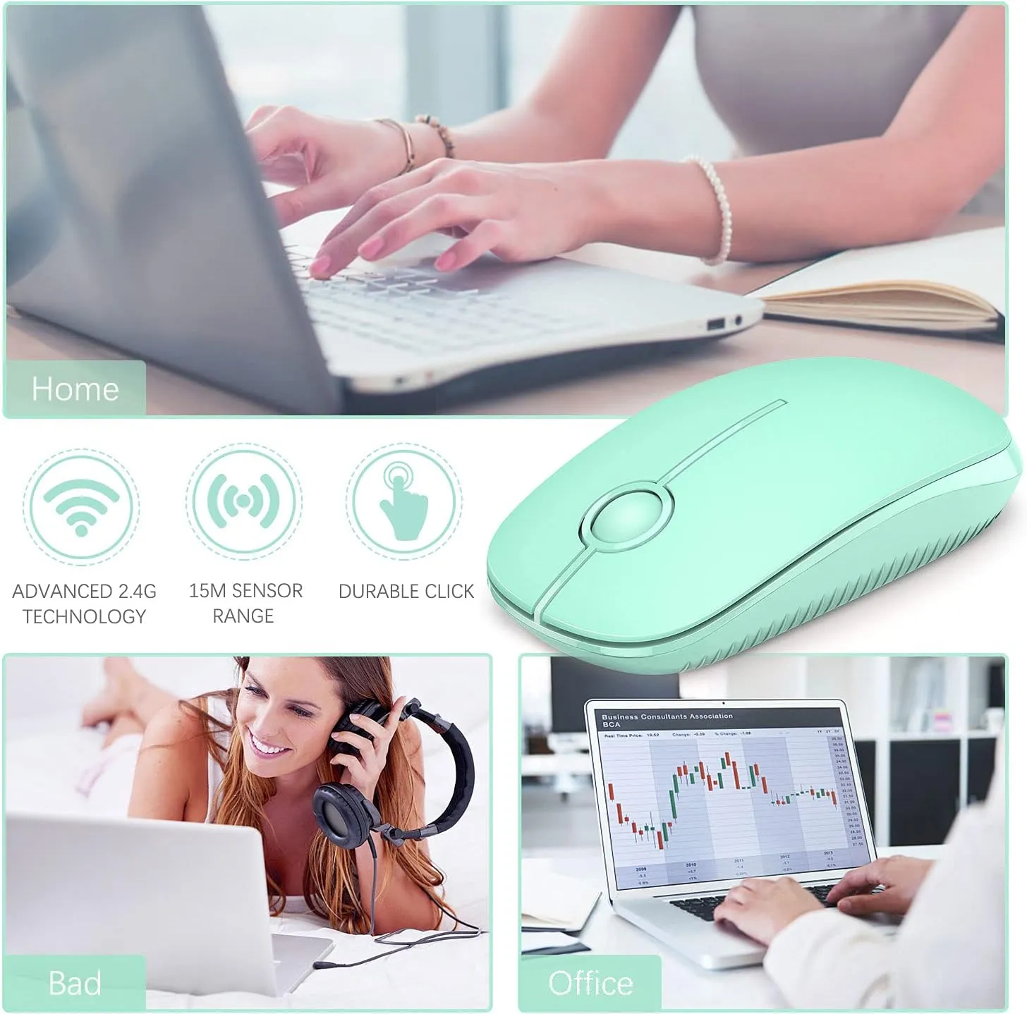 VssoPlor Wireless Mouse, 2.4G Slim Portable Computer Mice with Nano Receiver for Notebook, PC, Laptop, Computer (Mint Green)