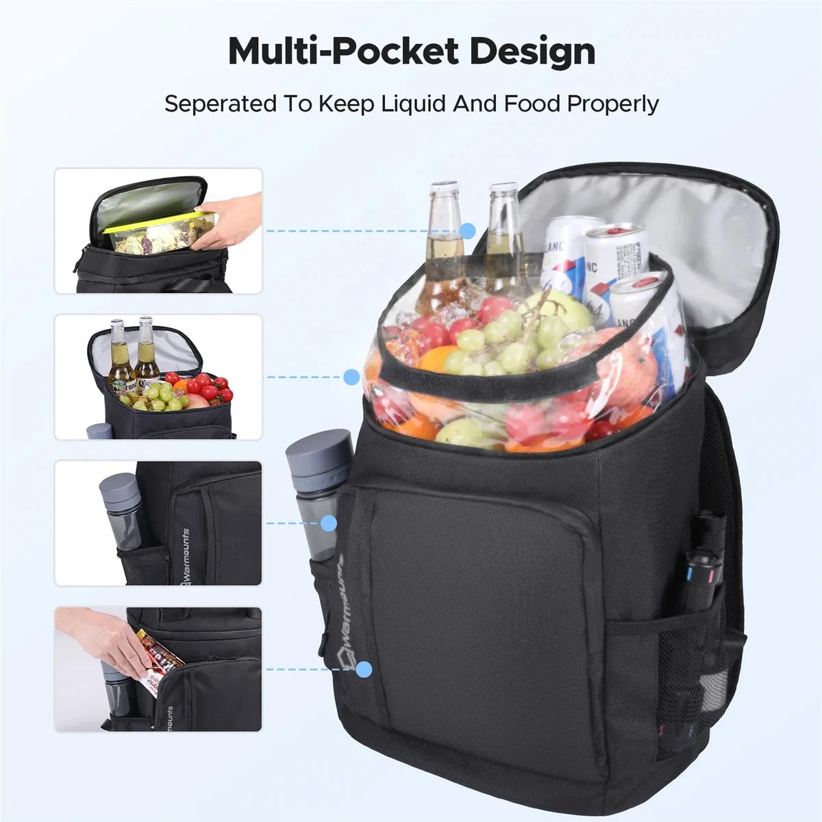 WARMOUNTS Backpack Cooler Insulated 36 Cans W/ Insulating Cover, Upgraded Leakproof Soft Cooler Backpack 2 Compartment for Camping Hiking Picnic Beach
