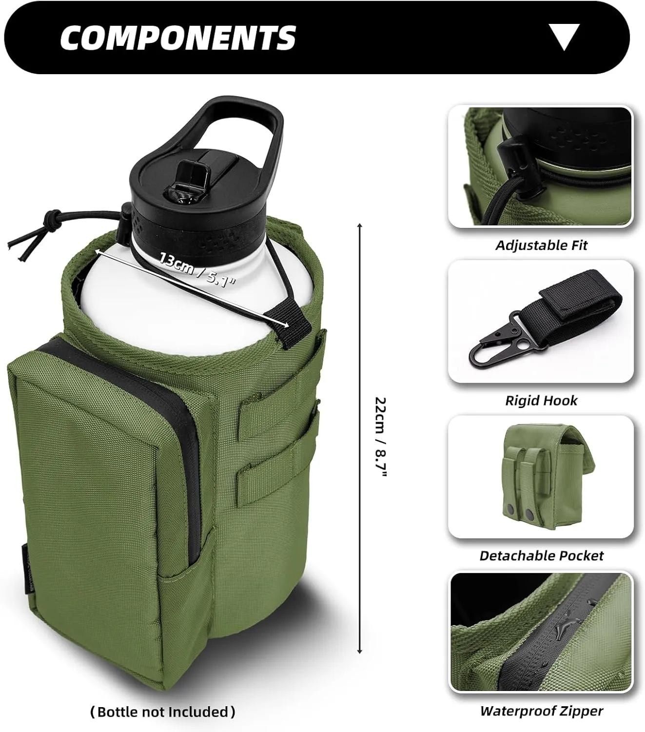 Water Bottle Holder Bag with Molle Strap - Water Bottle Carrier Pouch for Walking, Gym, Camping, Fishing, Hunting 32oz, 64oz, 128oz One Gallon Tactical Carrier Holder