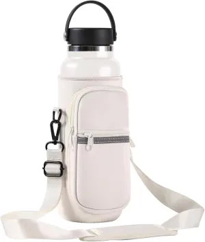 Water Bottle Holder with Strap for Hydro Flask Wide Mouth 32 & 40oz, Water Bottle Carrier Sling Bag with Phone Pocket, Gym Bottle Accessories, Water Bottle Sleeve Bag for Walking Hiking Travel - White
