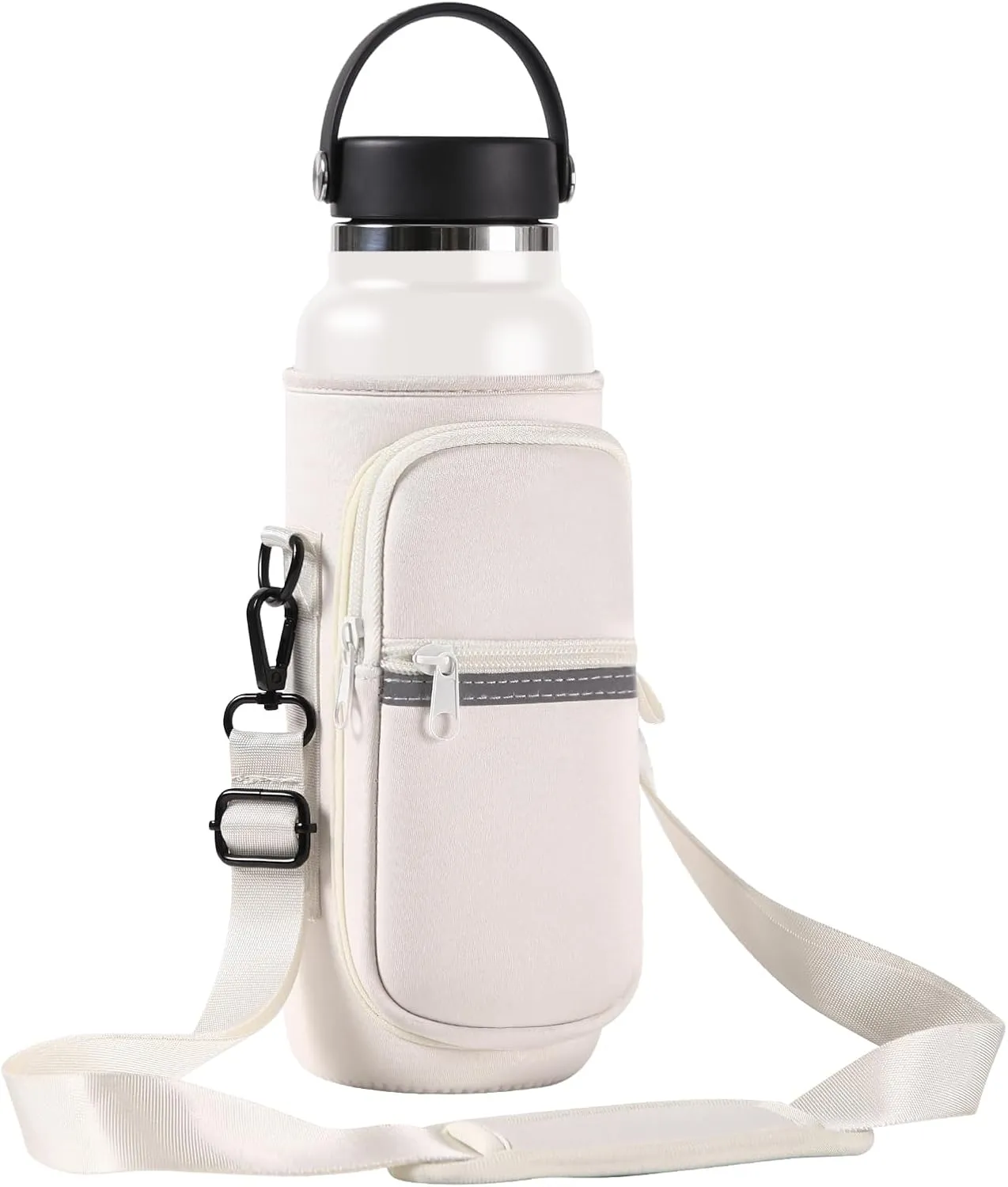 Water Bottle Holder with Strap for Hydro Flask Wide Mouth 32 & 40oz, Water Bottle Carrier Sling Bag with Phone Pocket, Gym Bottle Accessories, Water Bottle Sleeve Bag for Walking Hiking Travel - White