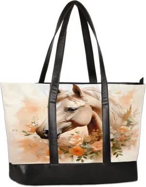 Watercolour Horse Wreath Laptop Tote Bag for Women Lightweight Work Purse with Multiple Compartments Fits 13-15.6 Inch Laptop Tablet Shoulder Bag for Office Travel Daily Use