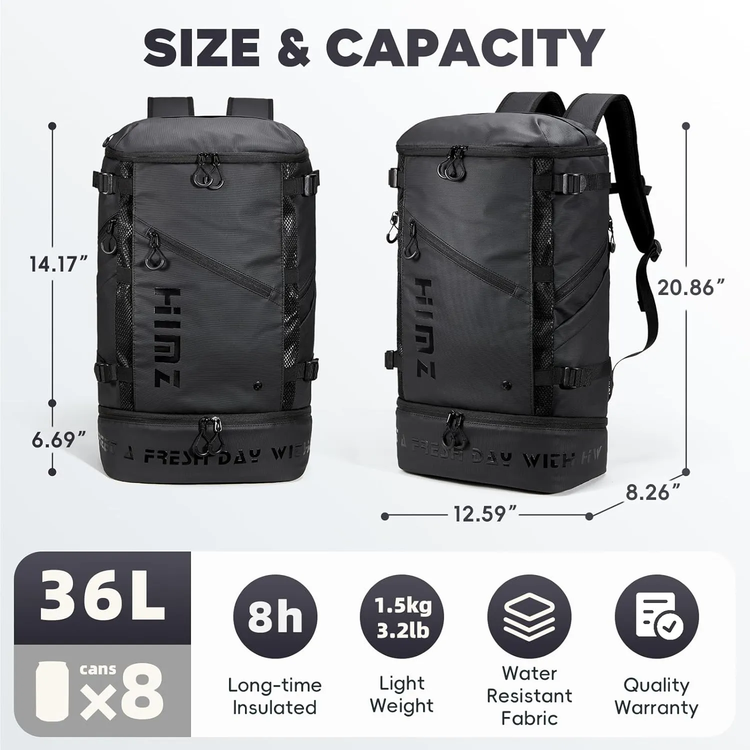 Waterproof Camping Backpack with Insulated Compartment for Work, Mens Gym Backpack for Sport, 17 inch Laptop Bag, Carry On Backpacks Cooler for Airplane Beach Travel, Black