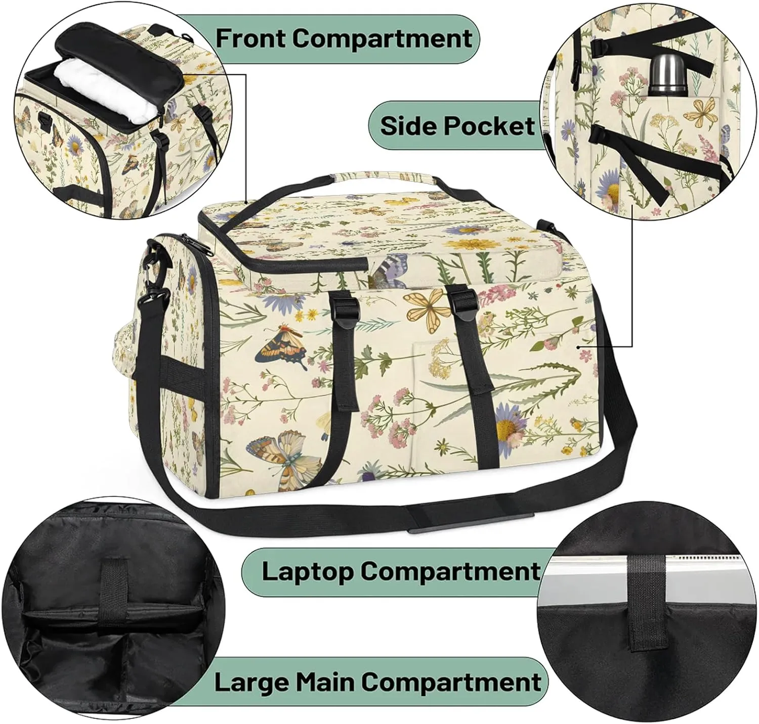 Wildflowers Butterflies Gym Bags for Men Women Sports Backpack with Shoe Compartment 3-in-1 Tactical Duffle Bag for Overnight Weekender Travel