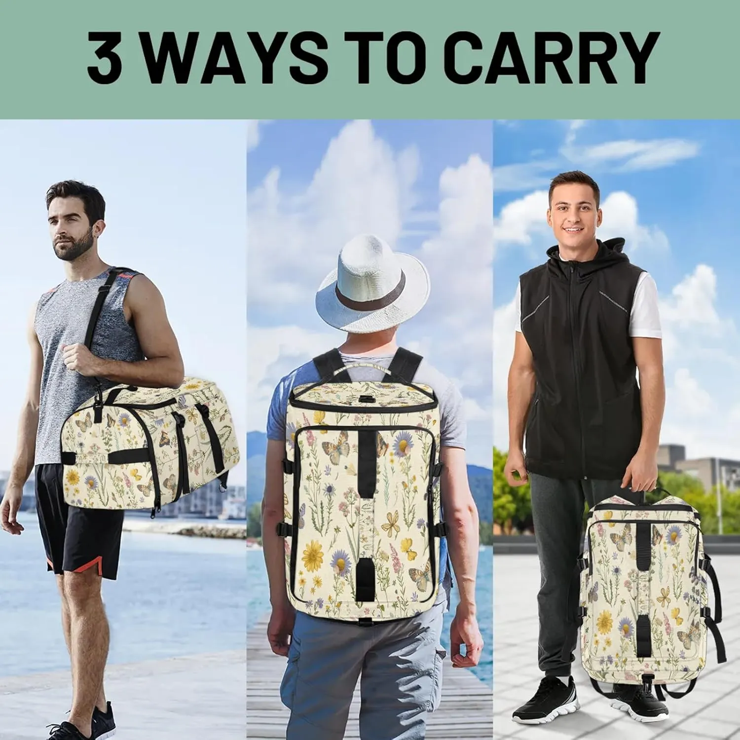 Wildflowers Butterflies Gym Bags for Men Women Sports Backpack with Shoe Compartment 3-in-1 Tactical Duffle Bag for Overnight Weekender Travel
