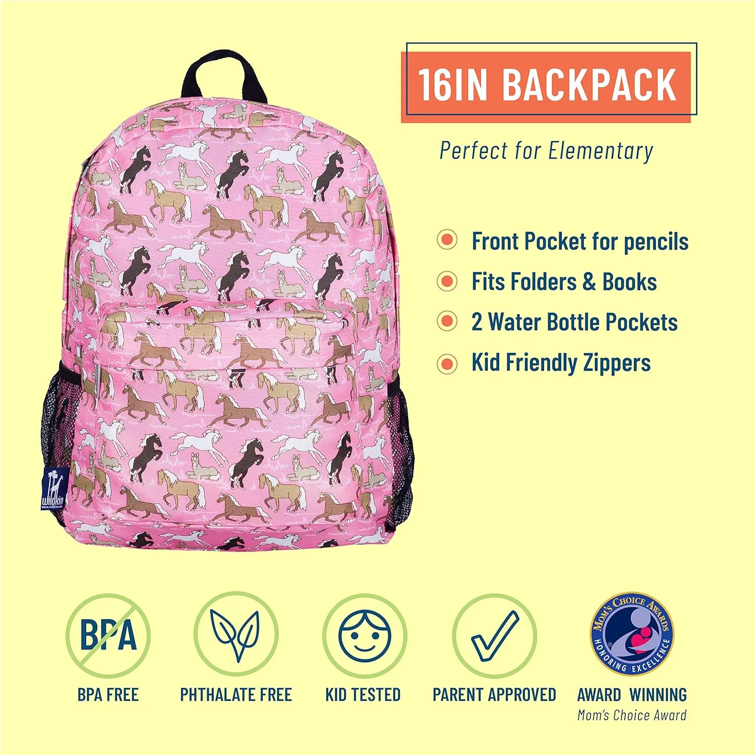 Wildkin 16-inch Kids Backpack – Durable, Padded & Spacious School Bag for Boys & Girls (Horses in Pink)