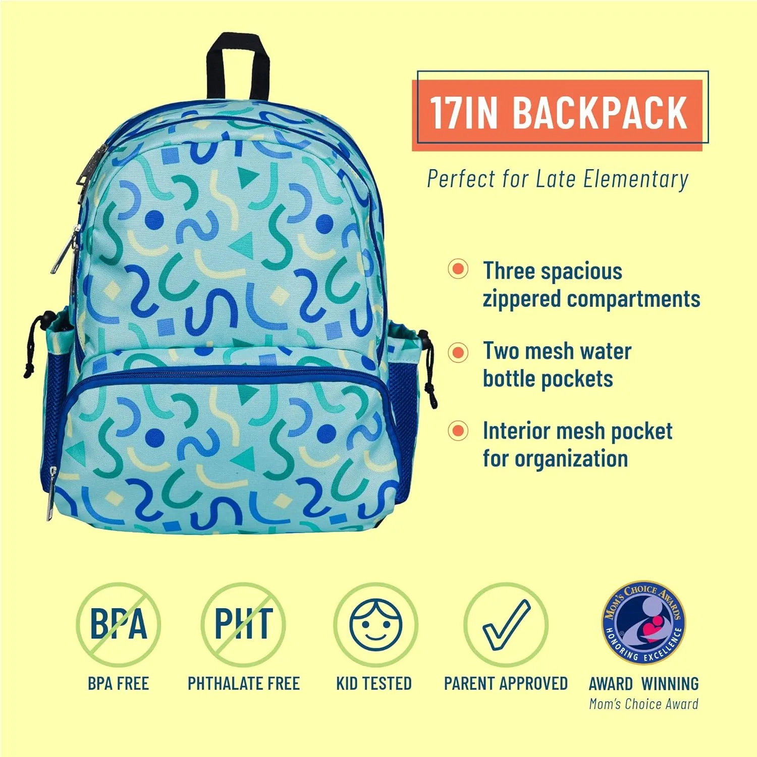 Wildkin 17-inch Kids Backpack – Durable, Lightweight School Bag for Boys & Girls - Confetti Blue