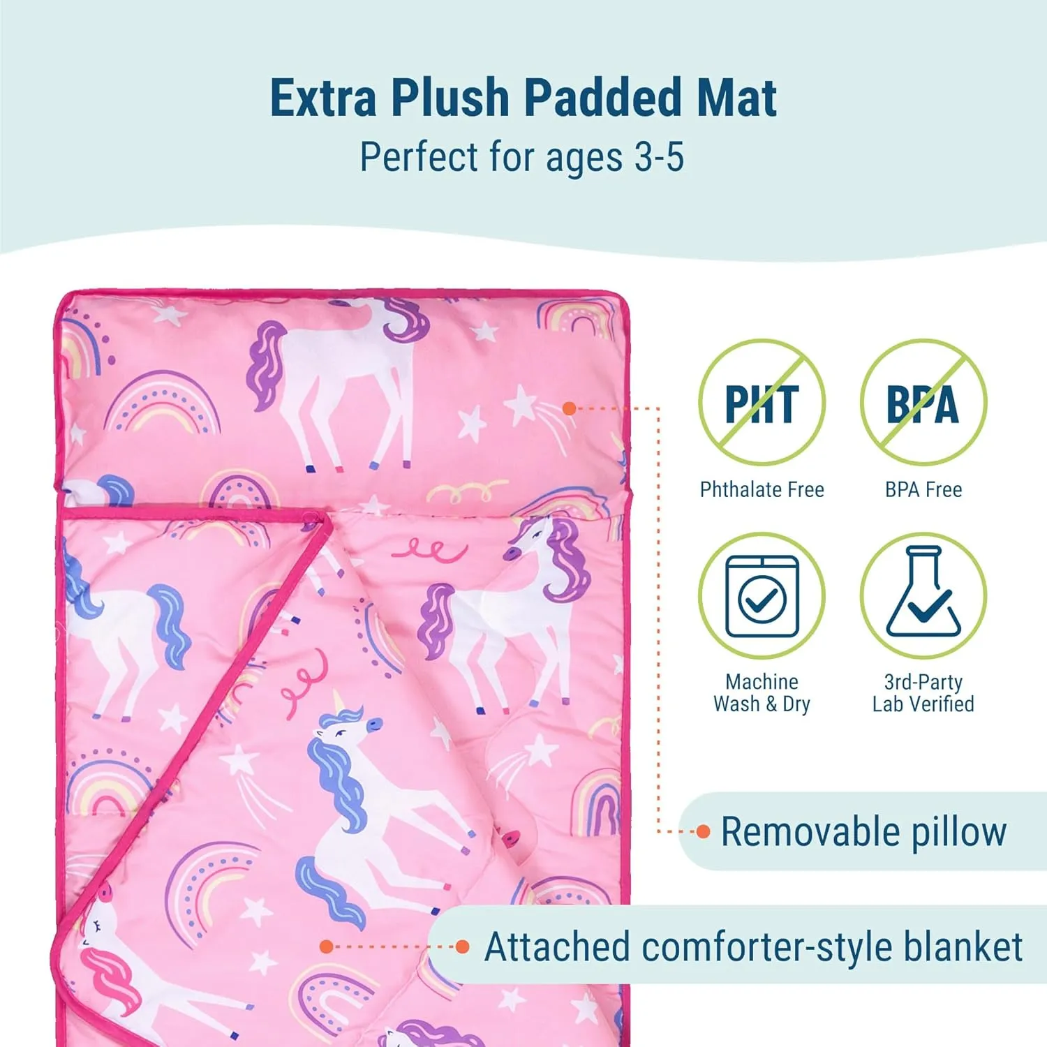 Wildkin Day2Day Kids Nap Mat – Ideal for Daycare, School, Sleepover & Travel - Rainbow Unicorns