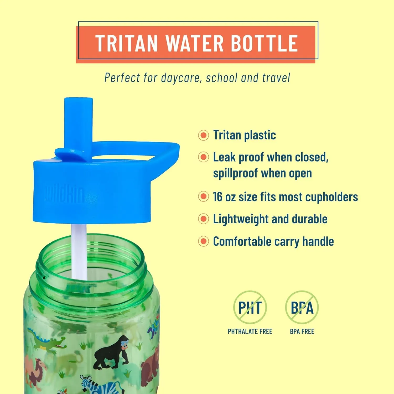 Wildkin Kids 16 Oz Water Bottle – BPA-Free Tritan, Leak-Proof Lid, Durable & Easy to Clean - Wild Animals