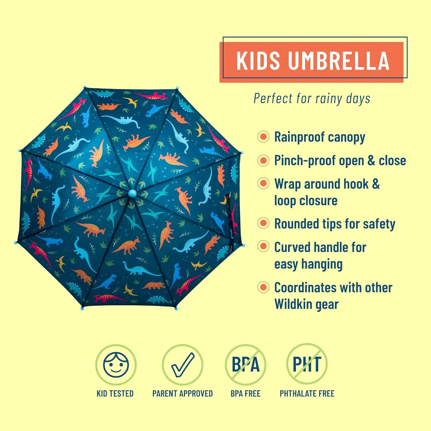 Wildkin Kids Umbrella – Rainproof Canopy, Curved Handle, Easy Hanging Design