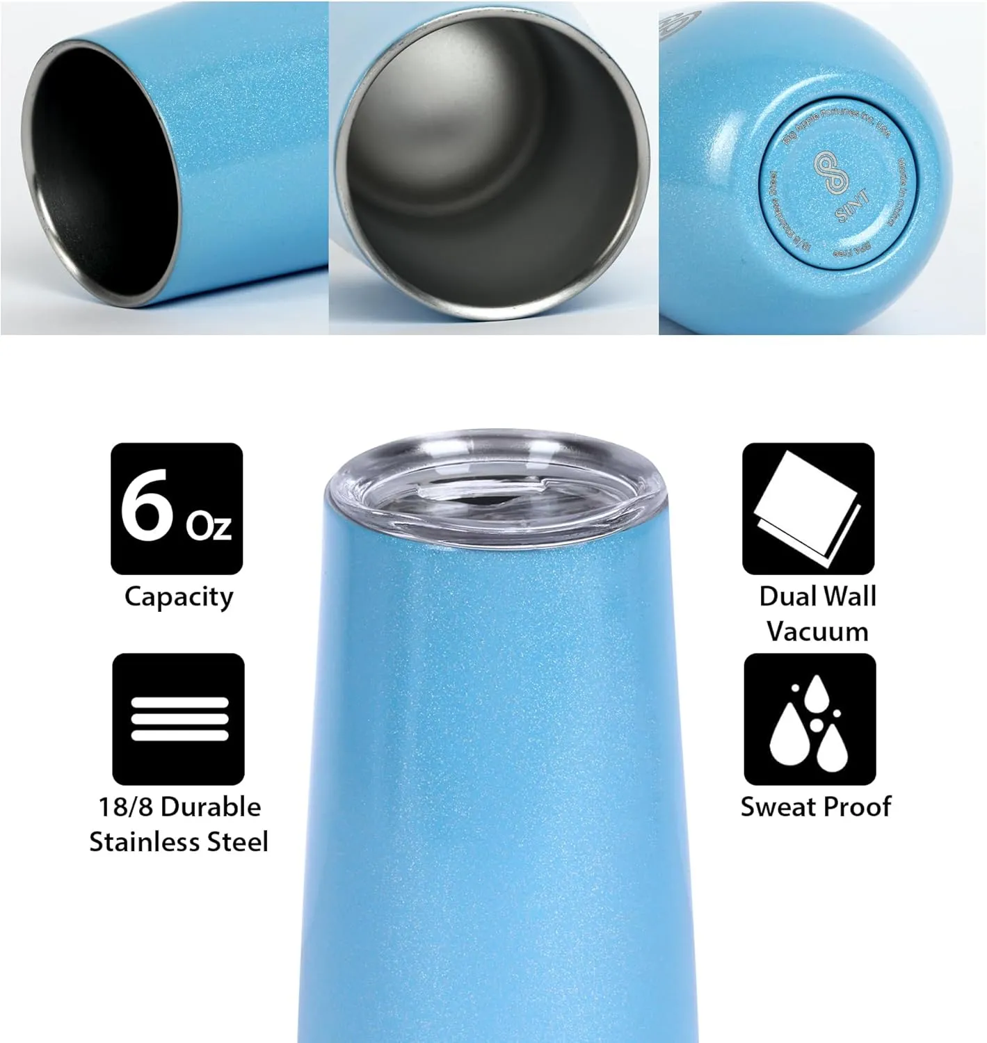 Wine Tumbler 6 Oz with Lid, Stemless Wine Tumbler, Double Wall & Vacuum Insulated | Stainless Steel Travel Tumbler for Cold & Hot Drinks, Pack of 1 (Light Blue)
