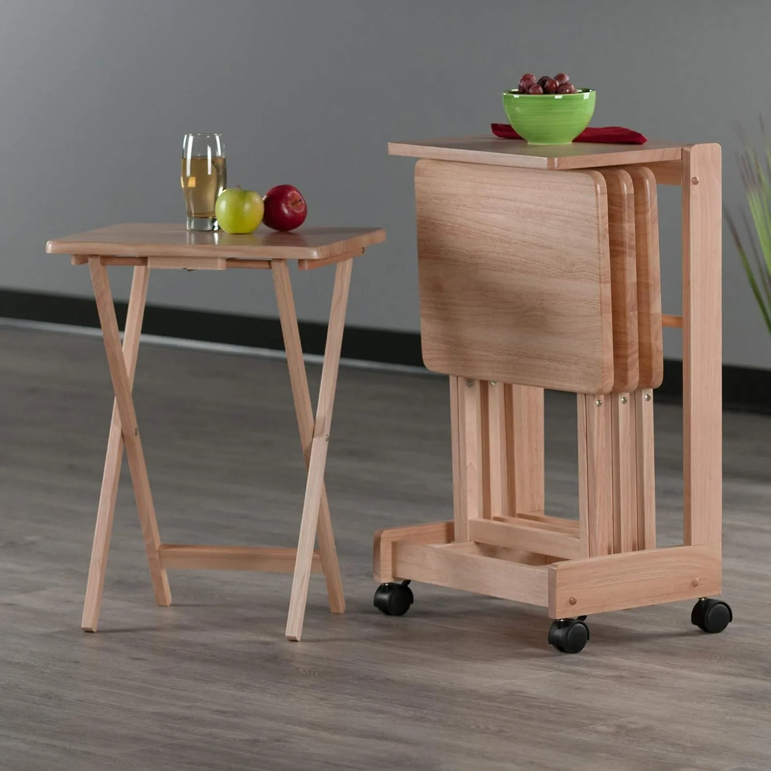 Winsome Brienda Snack Table Set with Mobile Serving Cart, for Living Room, Patio, 32", Natural, Set of 4 Tables