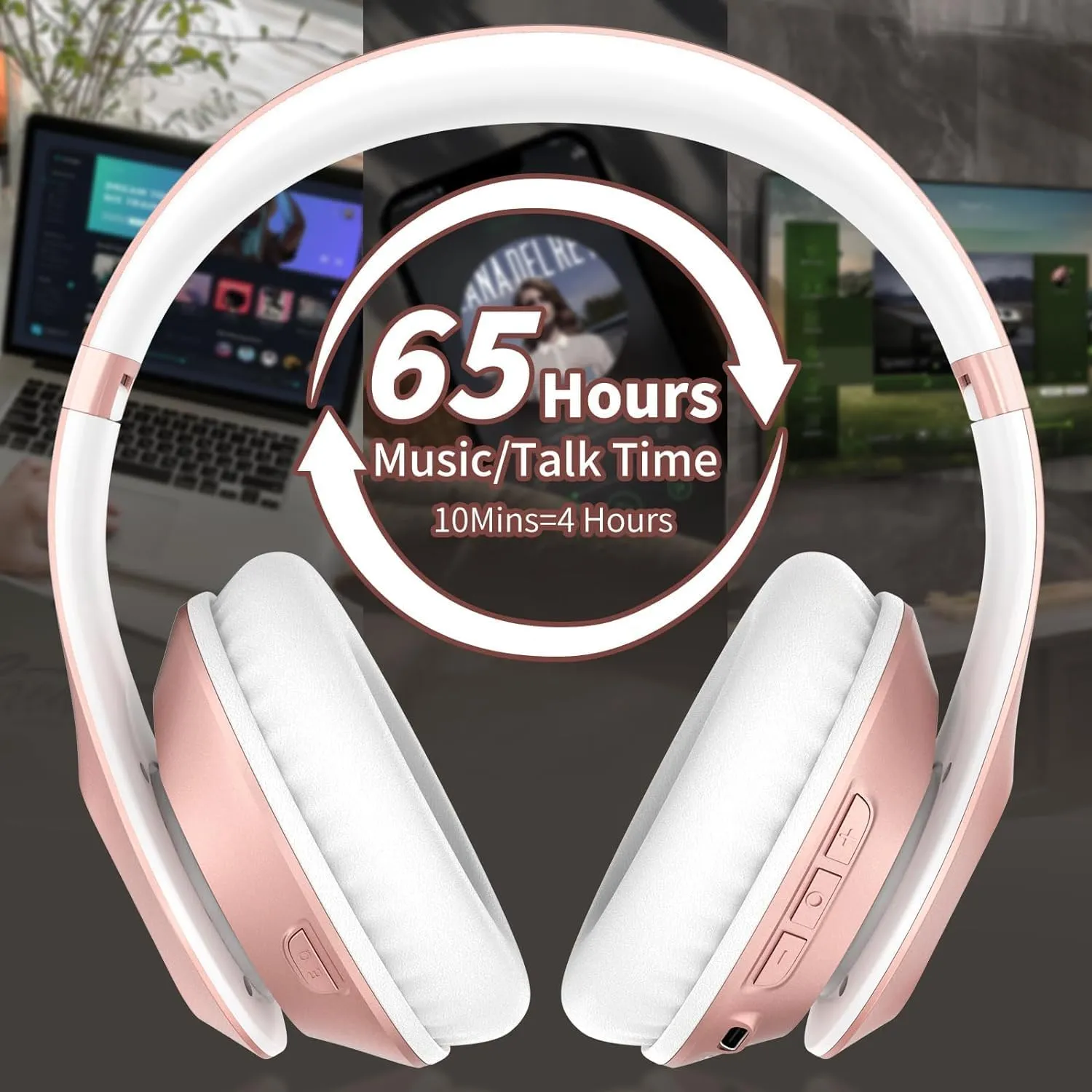 Wireless Bluetooth Headphones Over Ear 65H Playtime HiFi Stereo Headset with Microphone and 6EQ Modes Foldable Bluetooth V5.3 Headphones for Travel Smartphone Computer Laptop Rose Gold