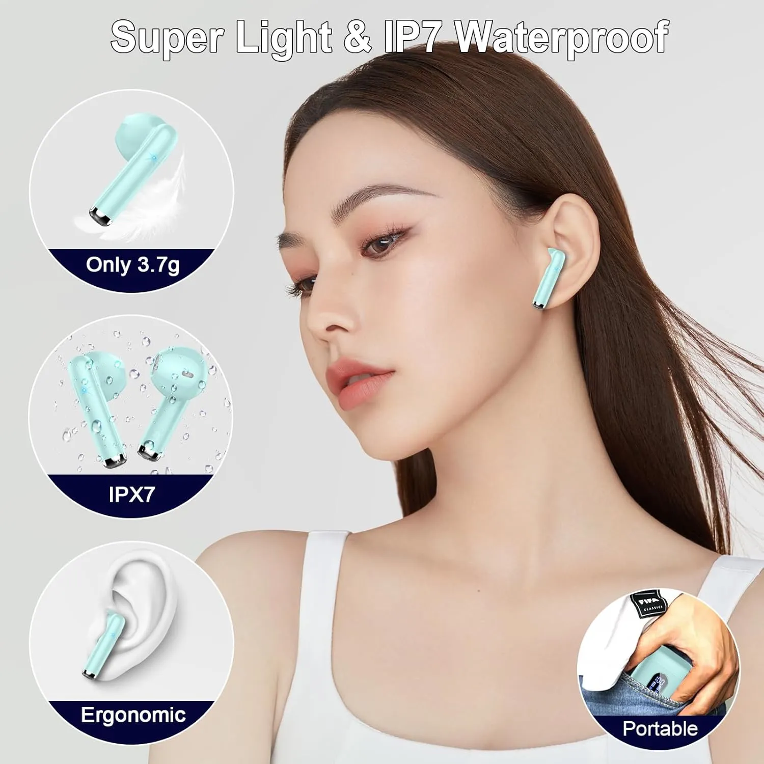 Wireless Earbuds, Bluetooth Headphones 5.4 with ENC Noise Cancelling Mics, 30H Bluetooth Ear Buds 3D Bass with LED Display Charging Case, IP7 Waterproof Wireless Earphones for Android, iOS, Cyan