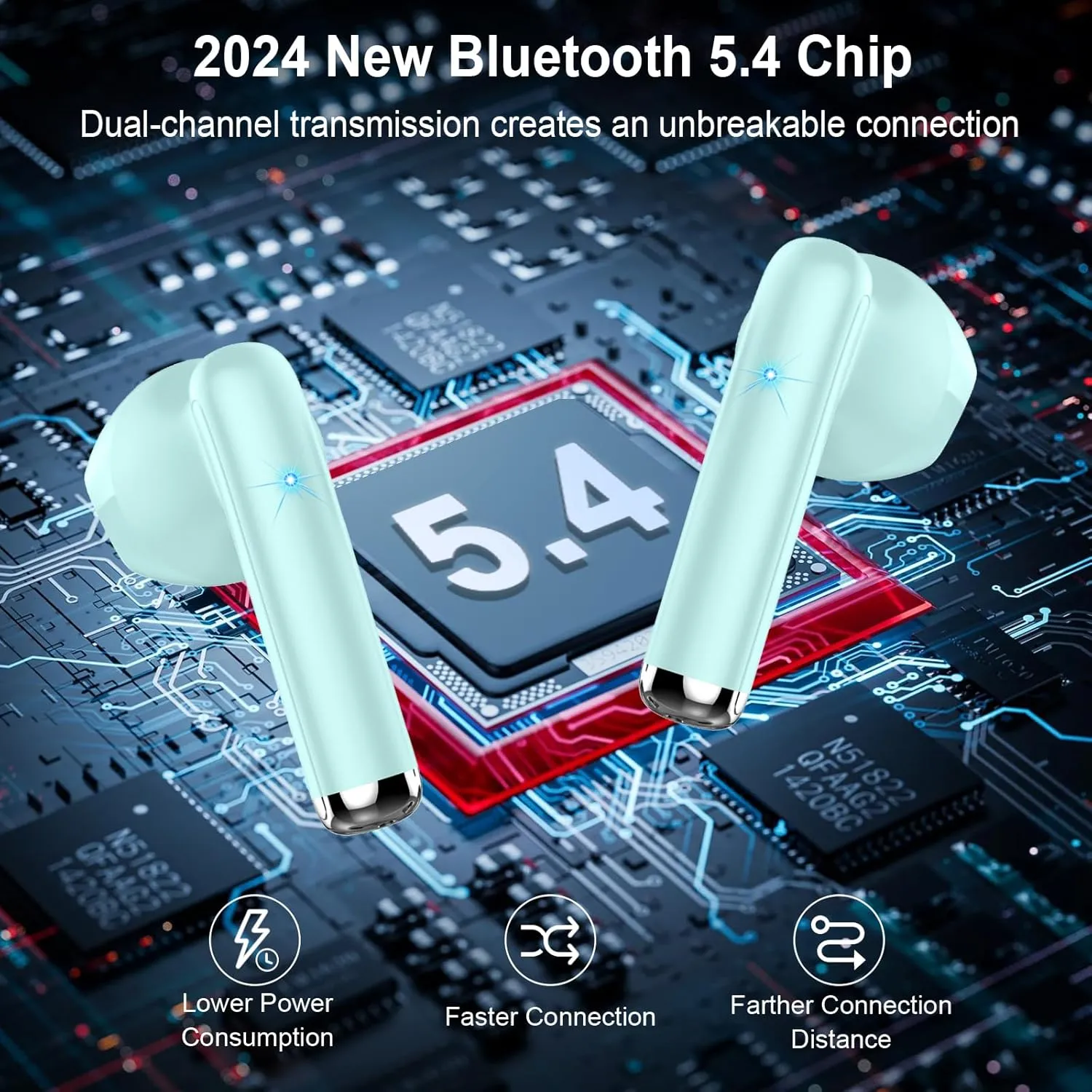 Wireless Earbuds, Bluetooth Headphones 5.4 with ENC Noise Cancelling Mics, 30H Bluetooth Ear Buds 3D Bass with LED Display Charging Case, IP7 Waterproof Wireless Earphones for Android, iOS, Cyan