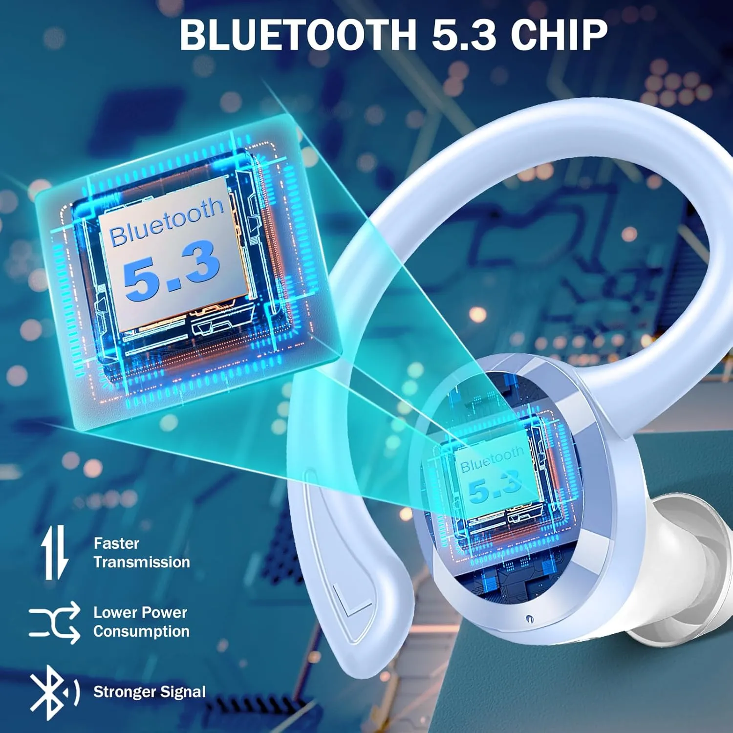Wireless Earbuds Sport, Bluetooth 5.3 Headphones Bass Hi-Fi Stereo Over Ear Buds, 48Hrs Noise Cancelling Headset with Earhook, IP7 Waterproof Earphones Workout Running for Laptop Pad Android iOS