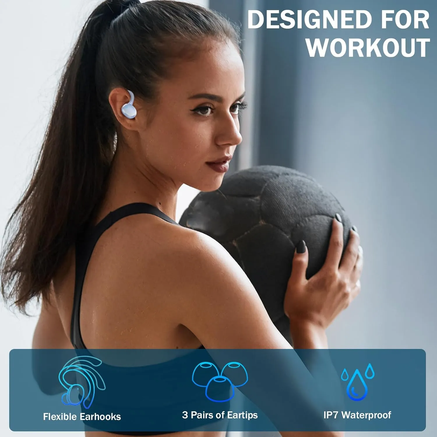 Wireless Earbuds Sport, Bluetooth 5.3 Headphones Bass Hi-Fi Stereo Over Ear Buds, 48Hrs Noise Cancelling Headset with Earhook, IP7 Waterproof Earphones Workout Running for Laptop Pad Android iOS