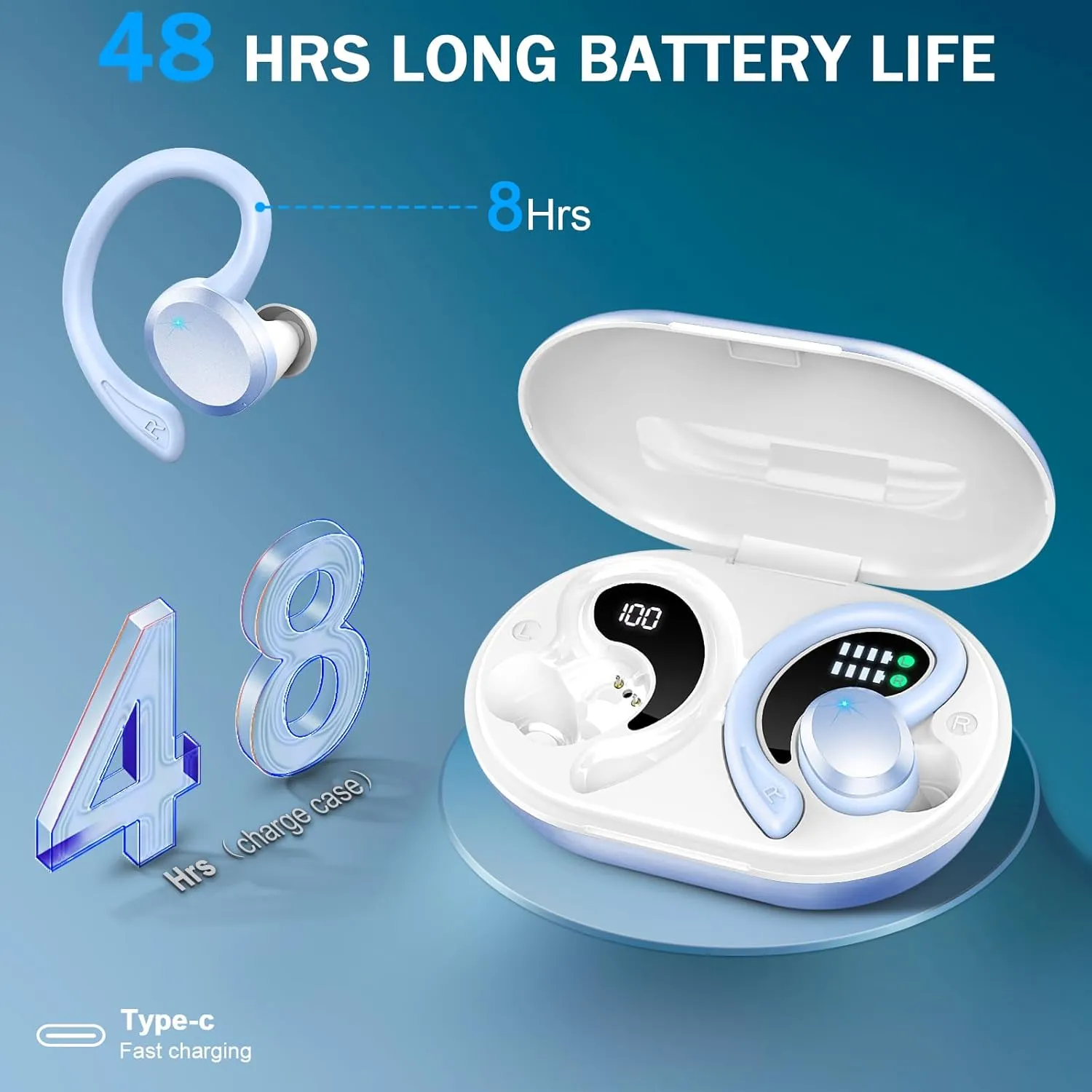 Wireless Earbuds Sport, Bluetooth 5.3 Headphones Bass Hi-Fi Stereo Over Ear Buds, 48Hrs Noise Cancelling Headset with Earhook, IP7 Waterproof Earphones Workout Running for Laptop Pad Android iOS