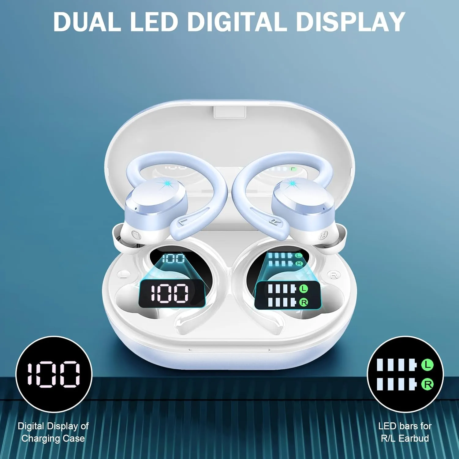 Wireless Earbuds Sport, Bluetooth 5.3 Headphones Bass Hi-Fi Stereo Over Ear Buds, 48Hrs Noise Cancelling Headset with Earhook, IP7 Waterproof Earphones Workout Running for Laptop Pad Android iOS
