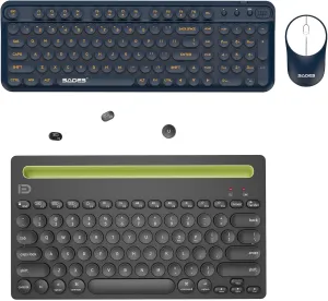 Wireless Keyboard and Mouse Combo & Bluetooth Keyboard(3.0 5.0), Typewriter Retro Round Keycaps Keyboard(Blue and Black)