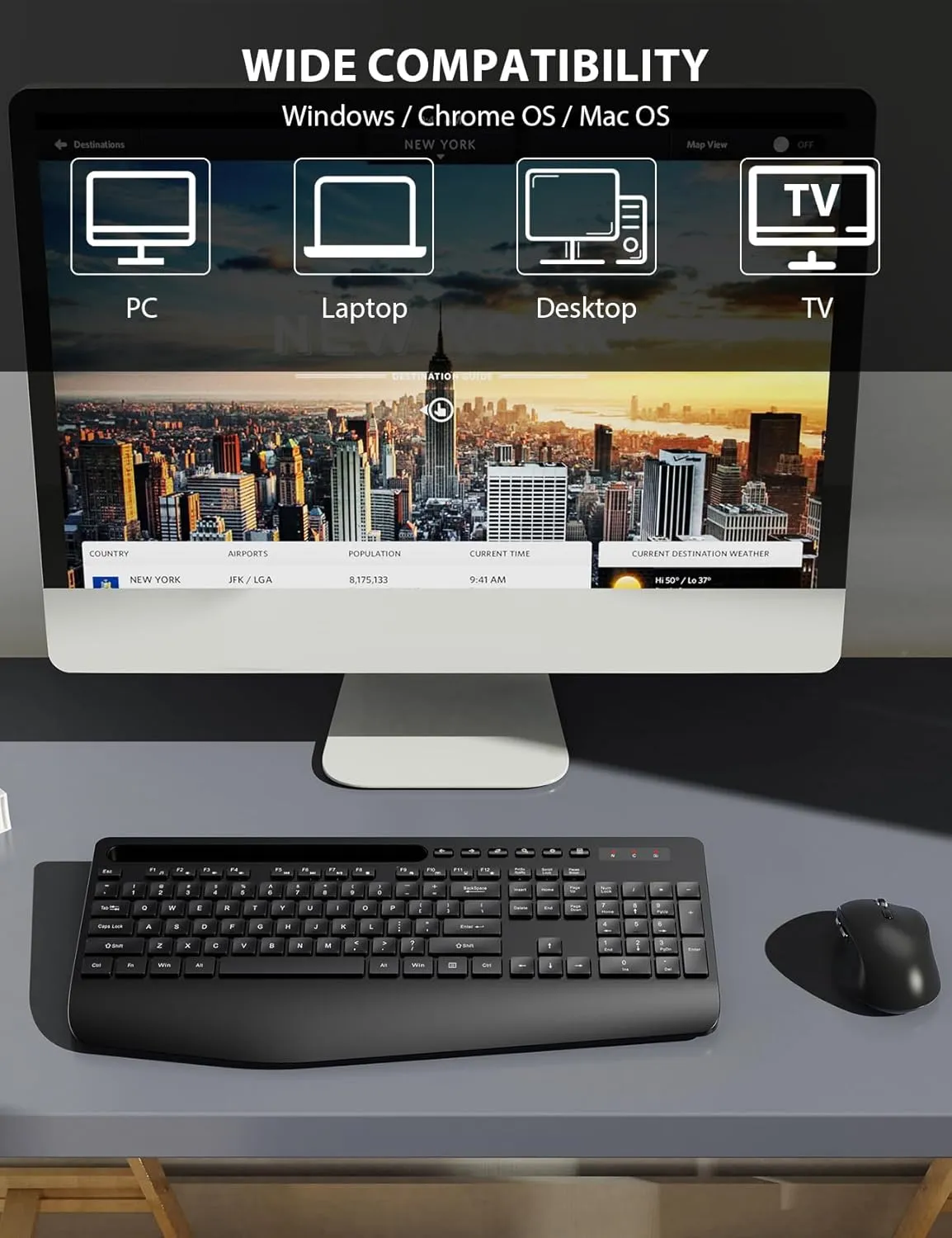 Wireless Keyboard and Mouse Combo - Full-Sized Ergonomic Keyboard with Wrist Rest, Phone Holder, Sleep Mode, Silent 2.4GHz Cordless Keyboard Mouse Combo for Computer, Laptop, PC, Mac, Windows -Trueque