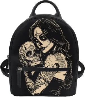 Witch Skull Print Small Backpack Purse for Women Teen Girls Fashion Leather Mini Backpack Lightweight Travel Rucksack Casual Shoulder Bag Tote Bag Handbag