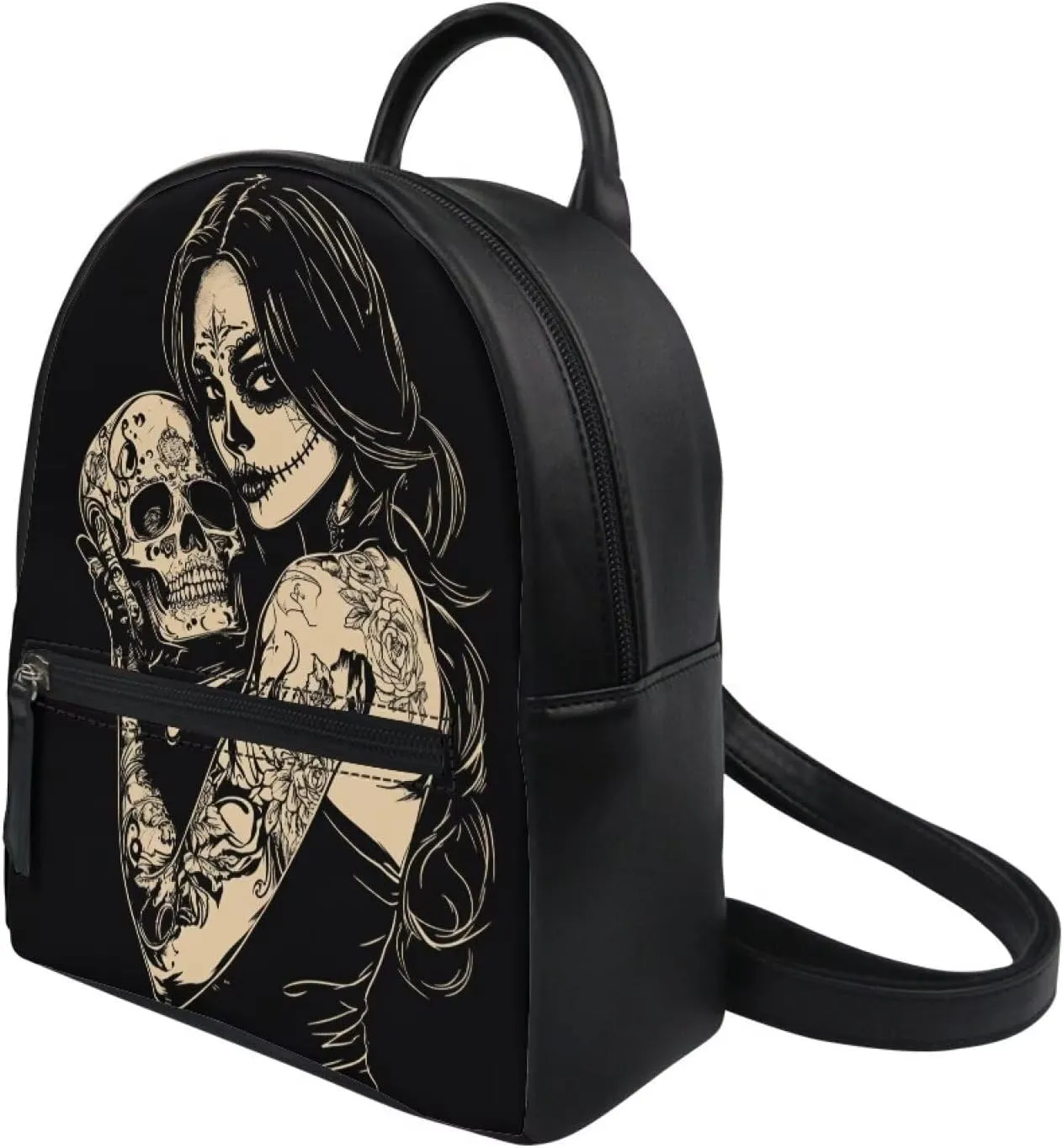 Witch Skull Print Small Backpack Purse for Women Teen Girls Fashion Leather Mini Backpack Lightweight Travel Rucksack Casual Shoulder Bag Tote Bag Handbag