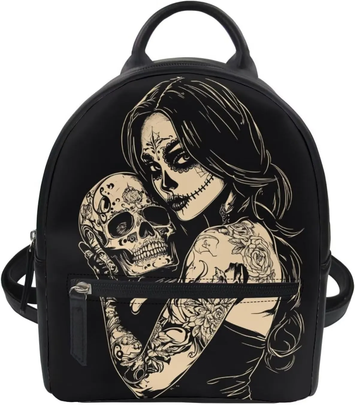 Witch Skull Print Small Backpack Purse for Women Teen Girls Fashion Leather Mini Backpack Lightweight Travel Rucksack Casual Shoulder Bag Tote Bag Handbag