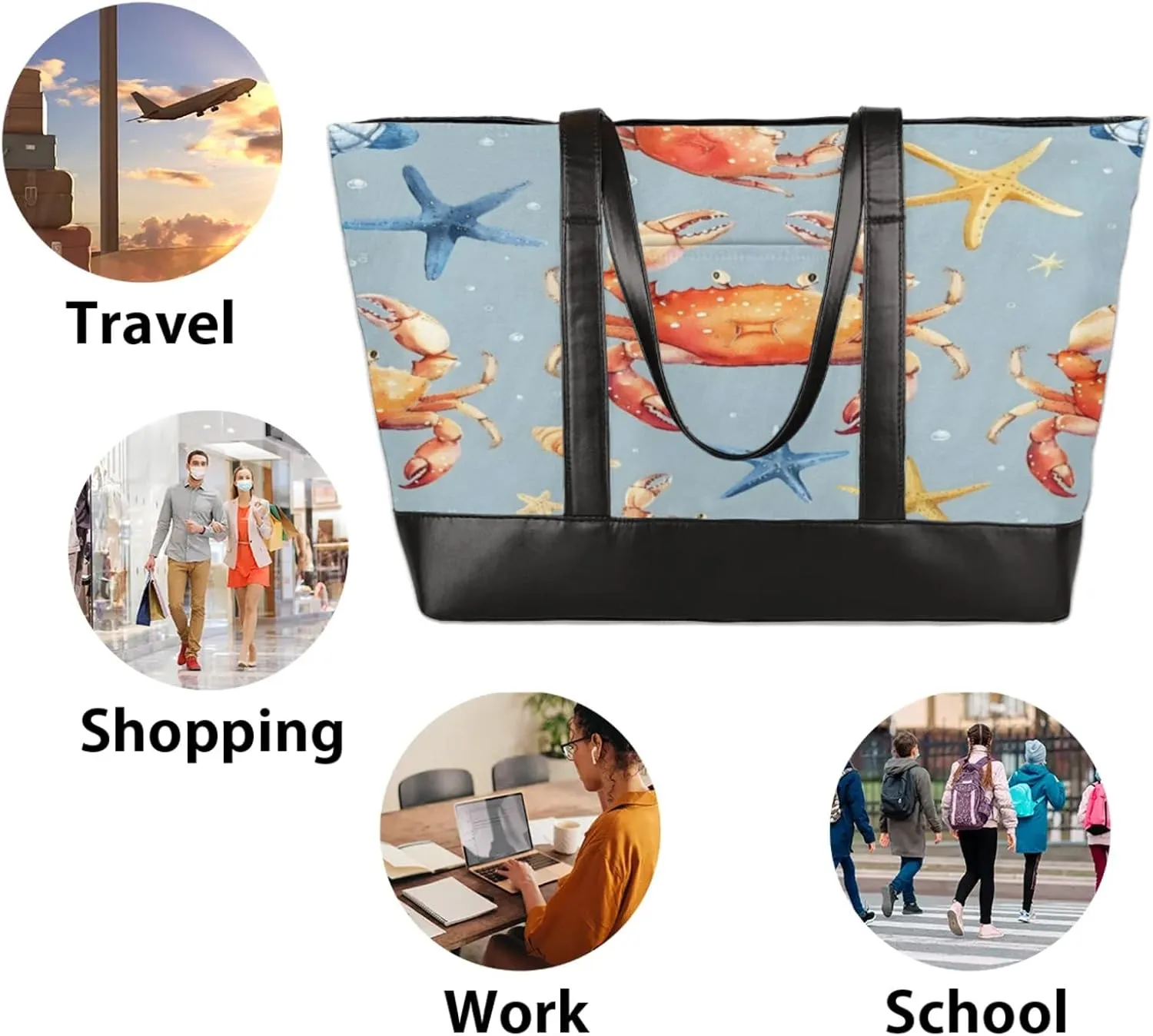 Women Tote Bag with Zipper, Shopper Handbag Travel Purse, PU Leather Laptop Tote Bags, Weekender Tote Bags