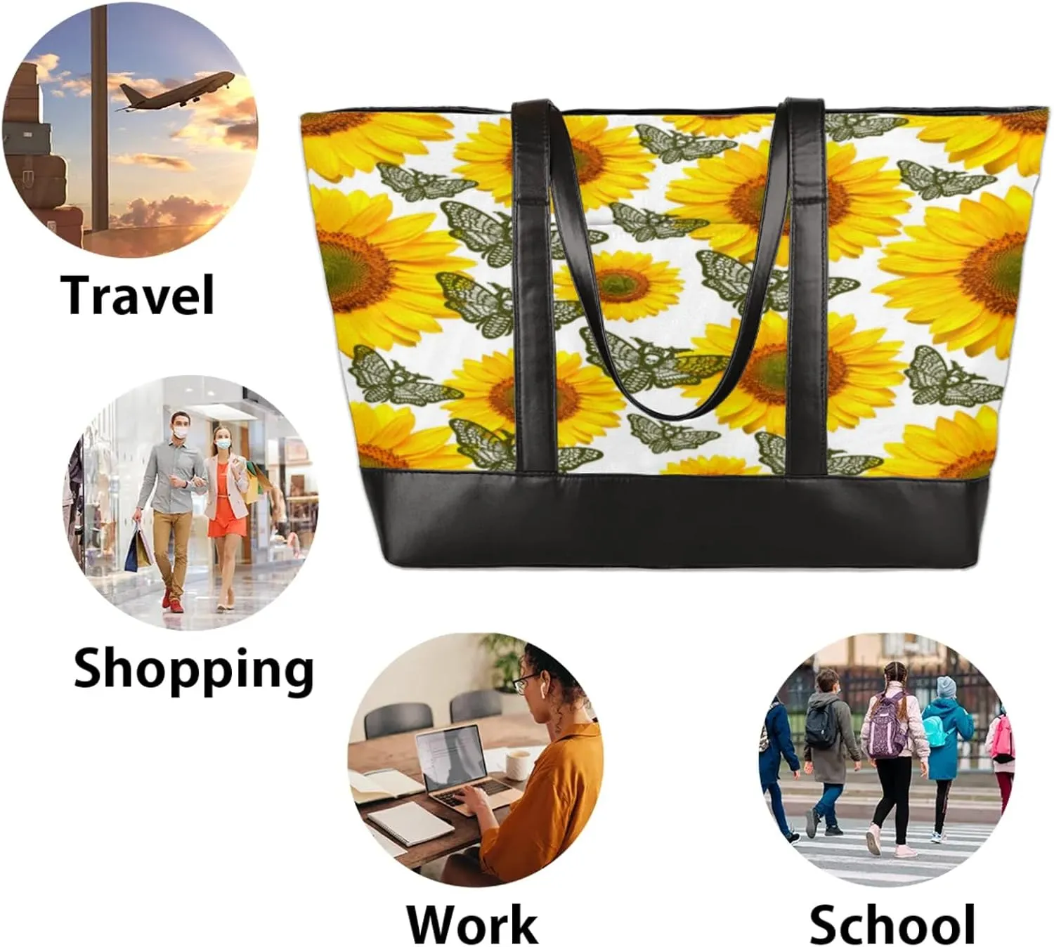 Women Tote Bag with Zipper, Shopper Handbag Travel Purse, PU Leather Laptop Tote Bags, Weekender Tote Bags