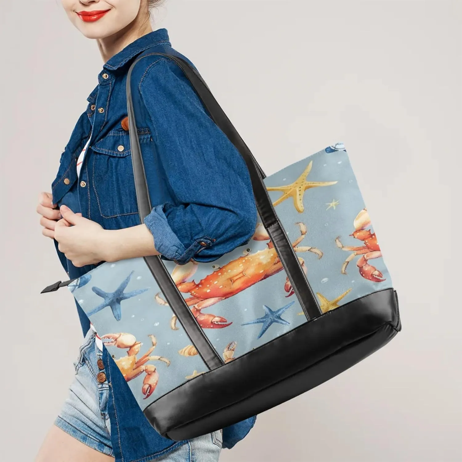 Women Tote Bag with Zipper, Shopper Handbag Travel Purse, PU Leather Laptop Tote Bags, Weekender Tote Bags