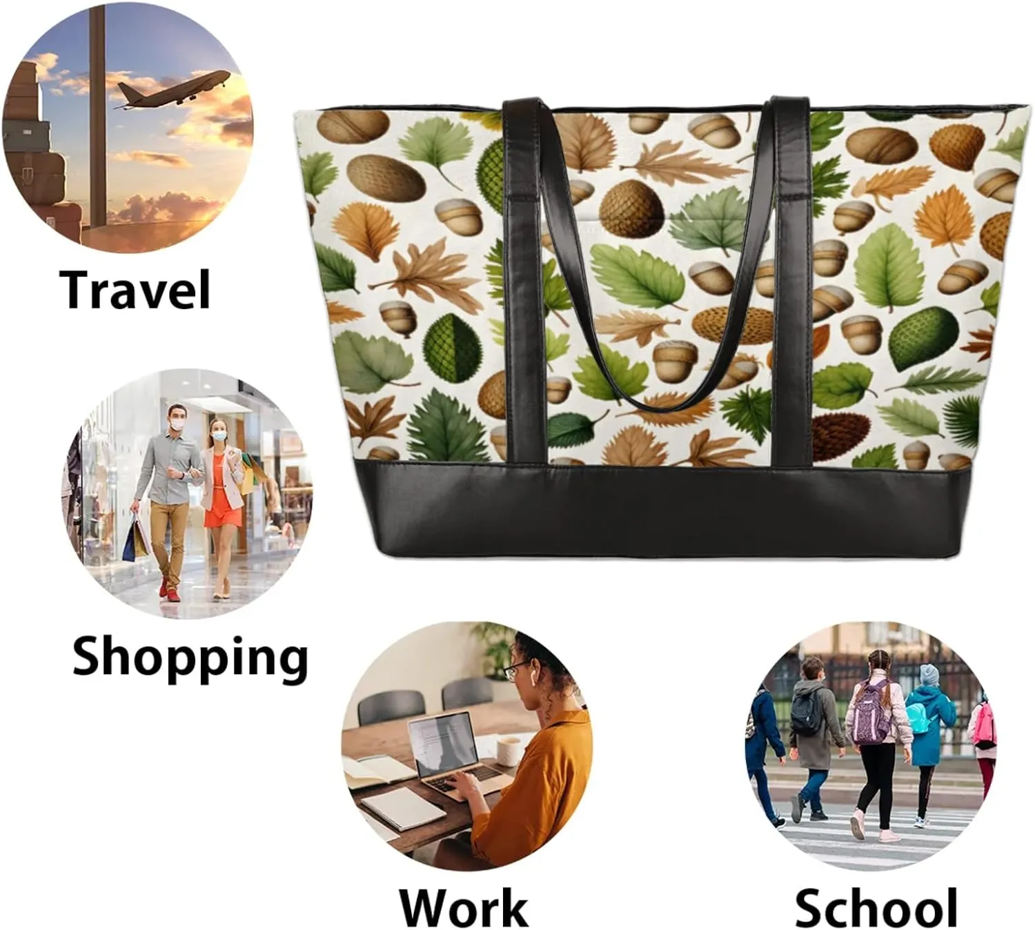 Women Tote Bag with Zipper, Shopper Handbag Travel Purse, PU Leather Laptop Tote Bags, Weekender Tote Bags