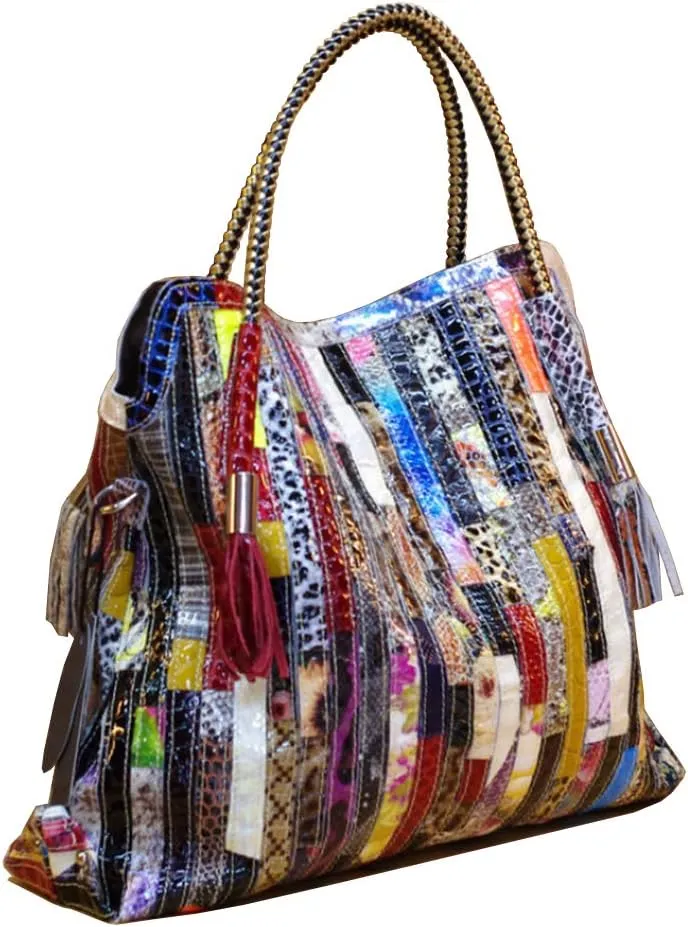 Women’s Multicolor Big Boston Genuine Leather RANDOM Colorful Patchwork Large Tote Handbag Hobo Crossbody Bag