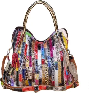 Women’s Multicolor Big Boston Genuine Leather RANDOM Colorful Patchwork Large Tote Handbag Hobo Crossbody Bag