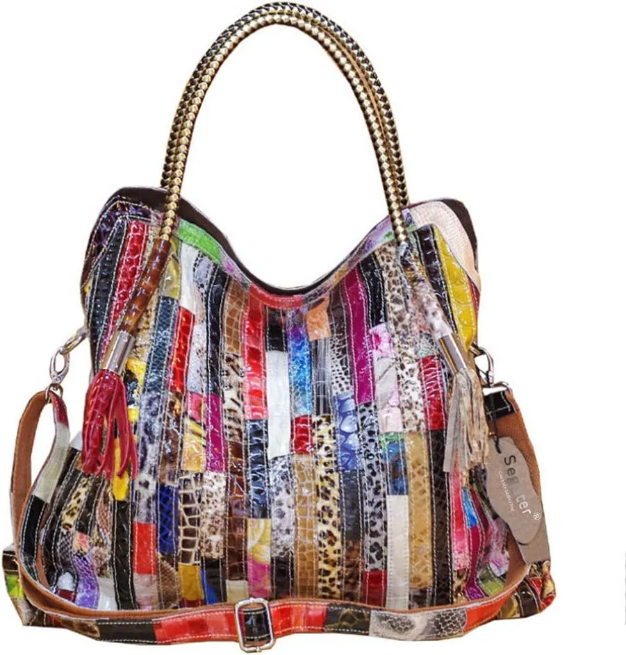 Women’s Multicolor Big Boston Genuine Leather RANDOM Colorful Patchwork Large Tote Handbag Hobo Crossbody Bag
