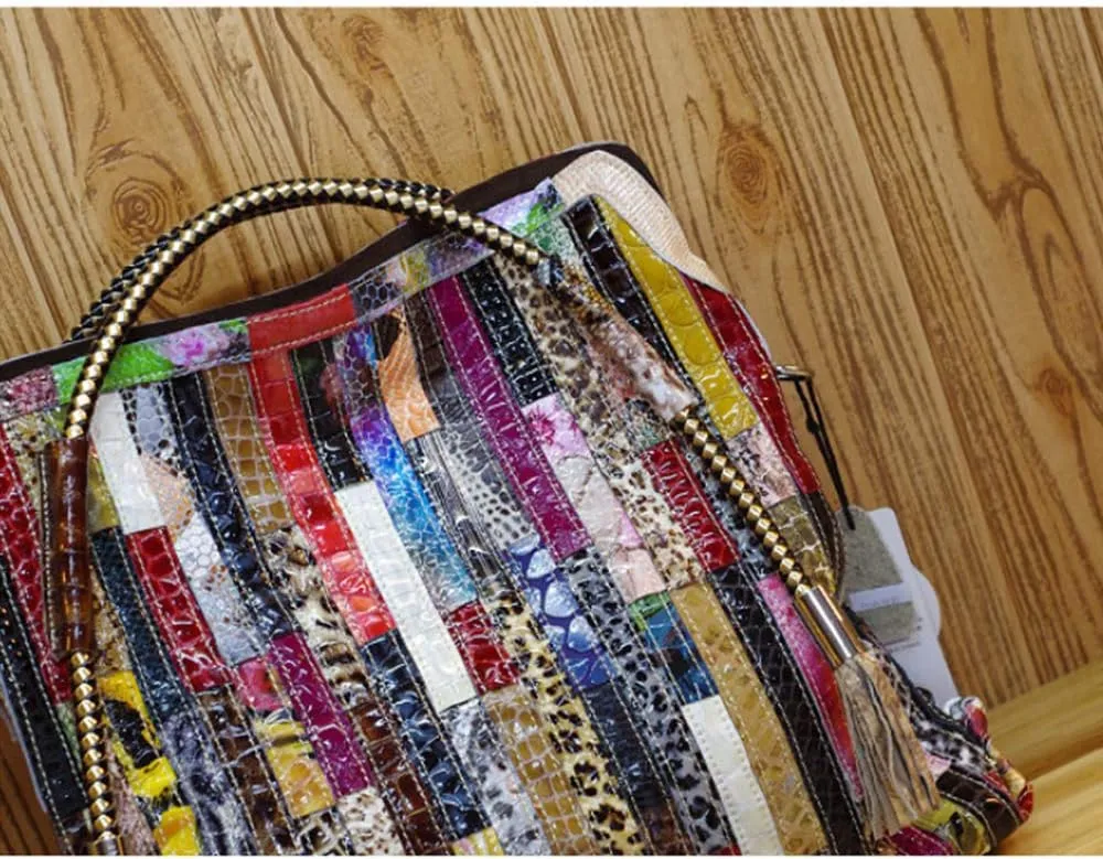 Women’s Multicolor Big Boston Genuine Leather RANDOM Colorful Patchwork Large Tote Handbag Hobo Crossbody Bag