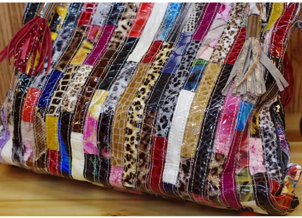 Women’s Multicolor Big Boston Genuine Leather RANDOM Colorful Patchwork Large Tote Handbag Hobo Crossbody Bag