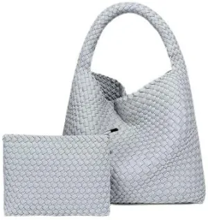 Woven Tote Bag for Women – Large Premium Vegan Leather Shoulder Handbag, Perfect for Work, Travel, and Daily Use (LightGrey)