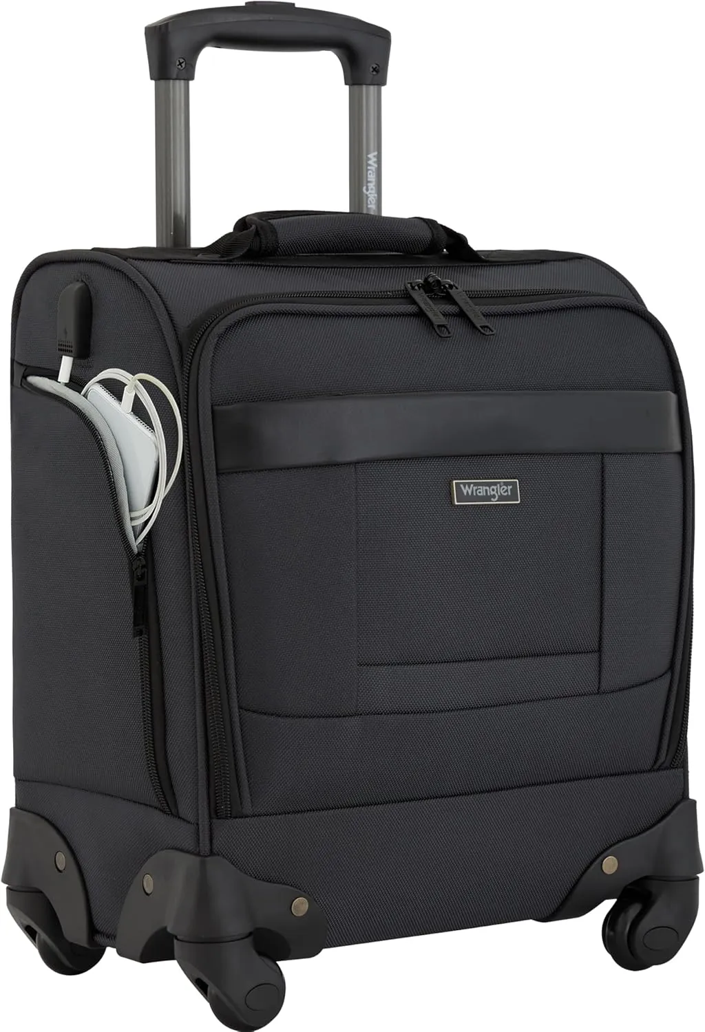 Wrangler 4-Wheel Spinner Luggage with Side USB Port, Charcoal, 17-Inch Underseat Carry-On
