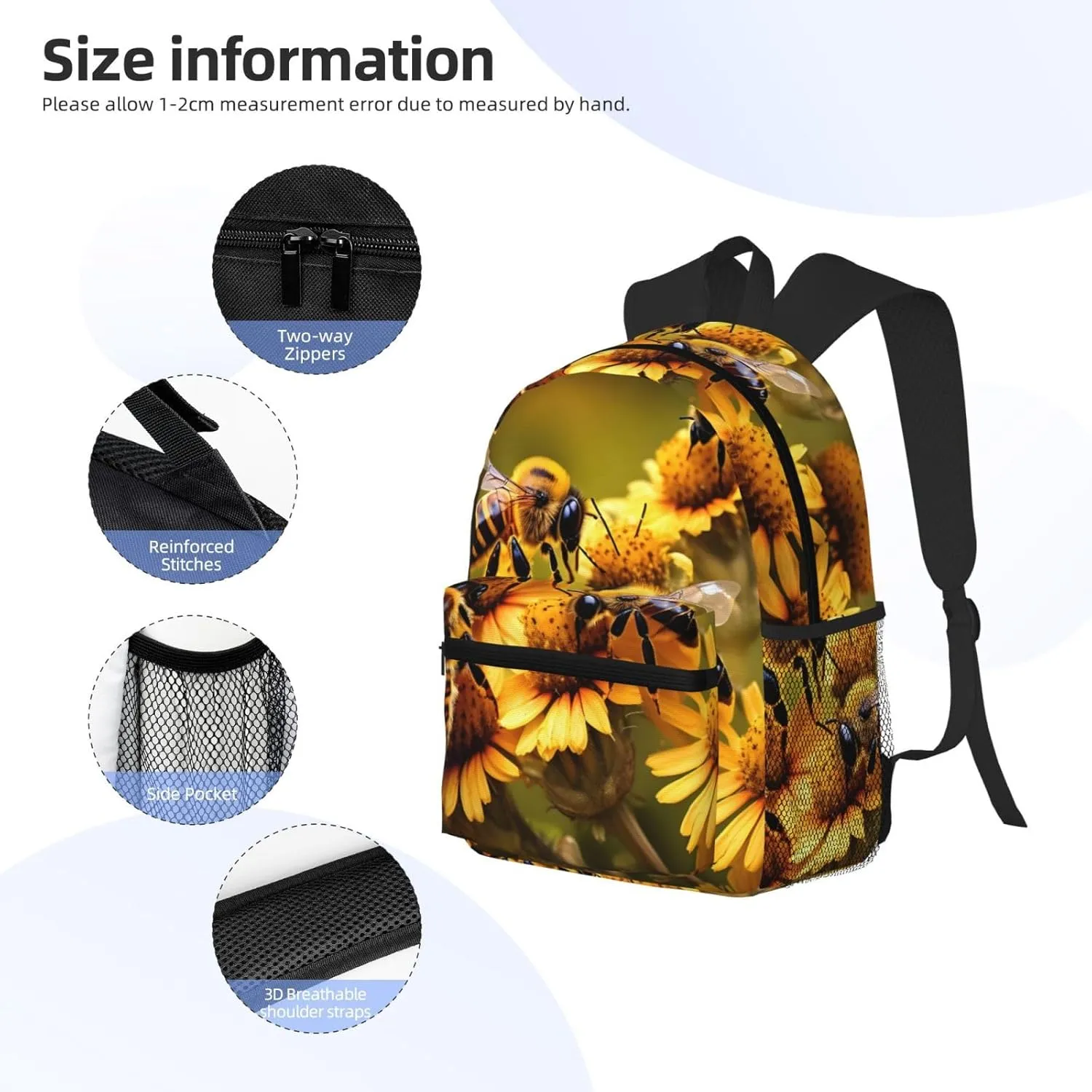 WURTON Rural Honey Bees Flowers Print Backpacks Casual Work,Travel,Outdoor Activities Fashionable Bag Unisex Daypacks