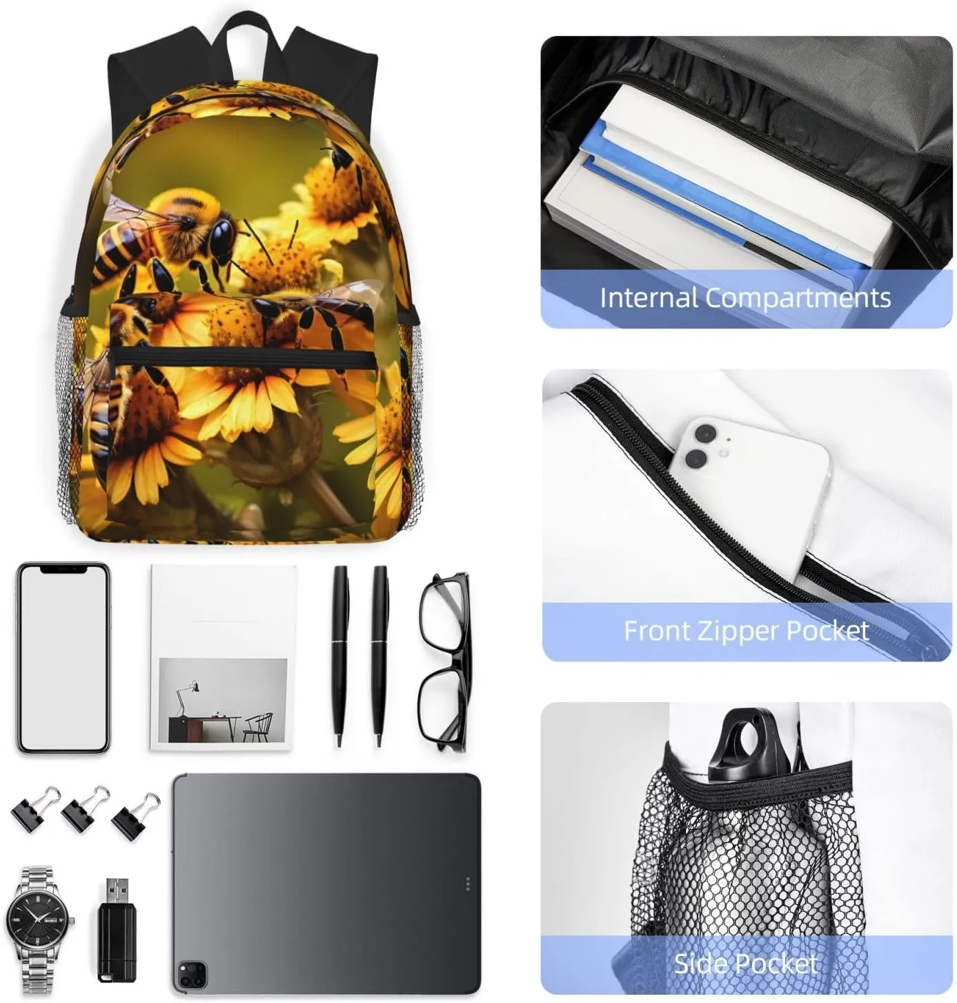 WURTON Rural Honey Bees Flowers Print Backpacks Casual Work,Travel,Outdoor Activities Fashionable Bag Unisex Daypacks