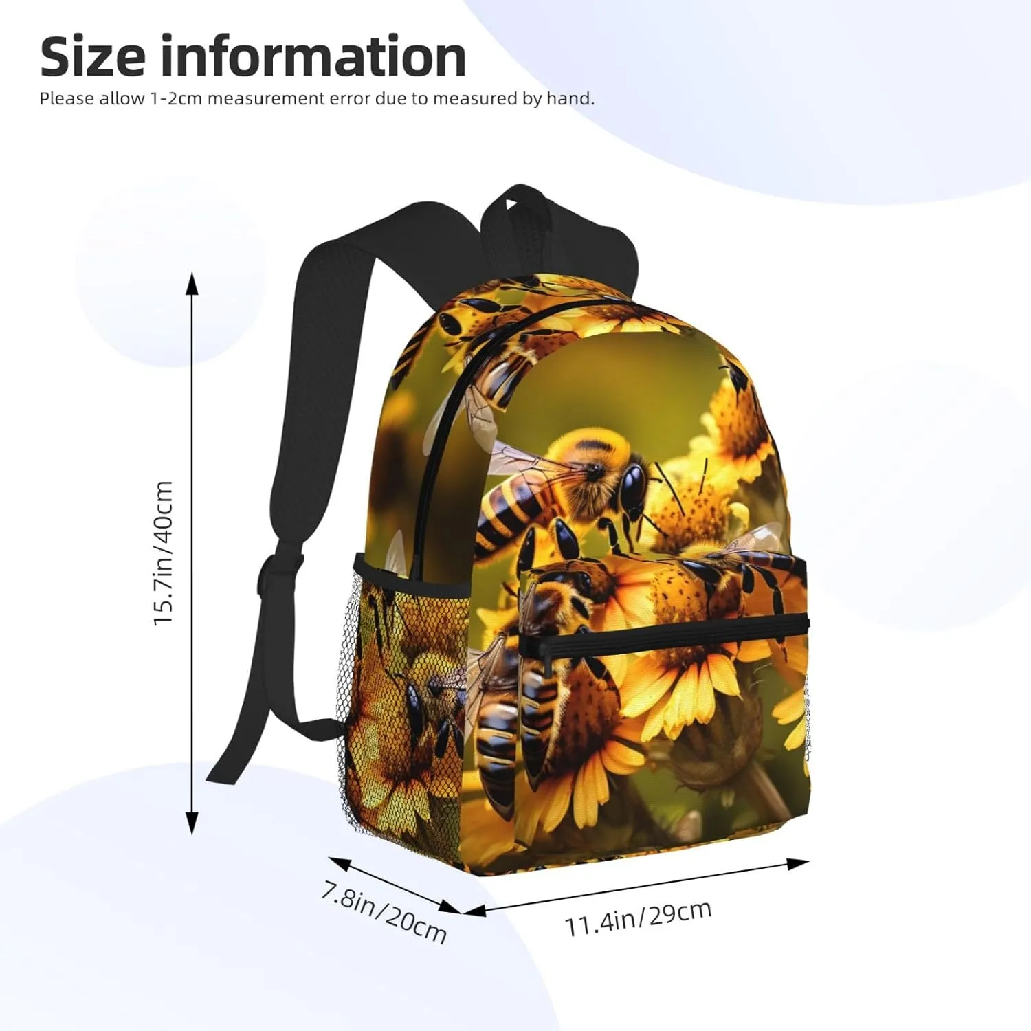 WURTON Rural Honey Bees Flowers Print Backpacks Casual Work,Travel,Outdoor Activities Fashionable Bag Unisex Daypacks