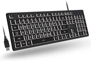 X9 Large Print Backlit Keyboard Wired, Easy-to-See Light Up Keys for Seniors, Elderly, and Kids, USB Illuminated Keyboard with 7 Backlight Colors, Oversized Letters for PC, Chrome, Laptop and Computer